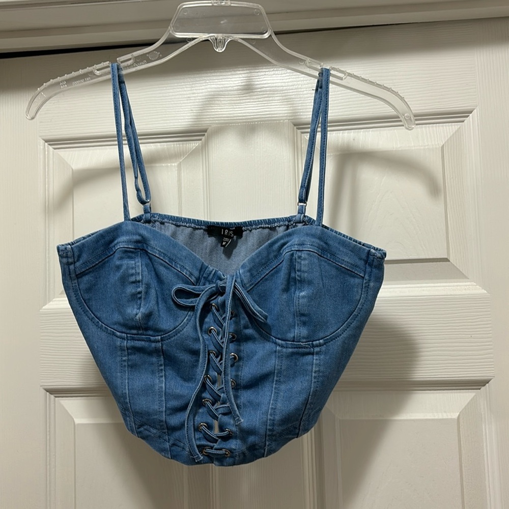 Iris blue denim lace up front bustier top